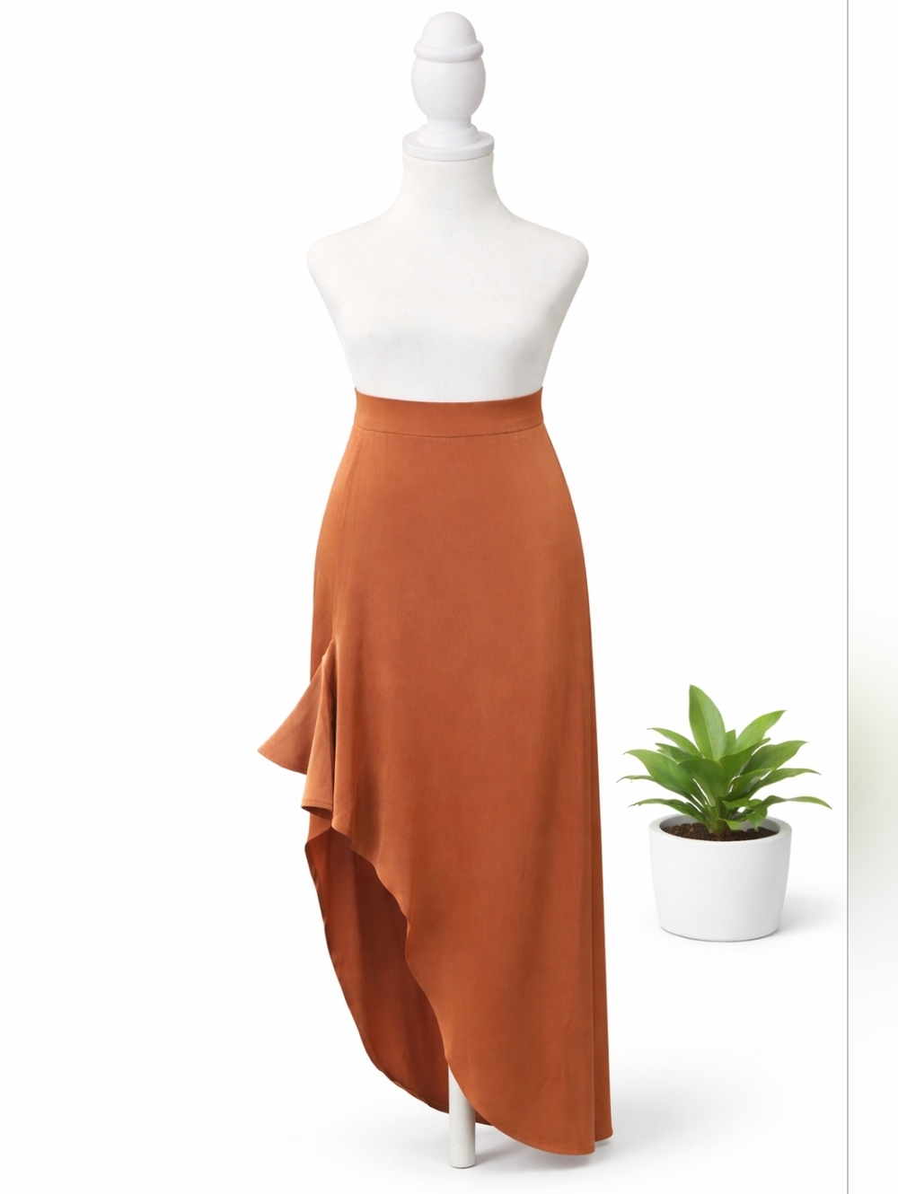 Rust Satin Asymmetric Skirt | Side Ruffle - Picture 2 of 3